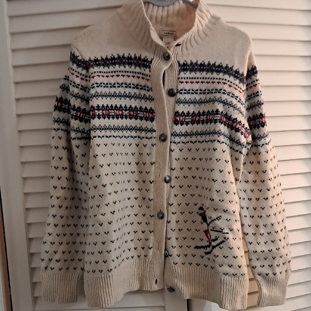 Vintage Nordic HEARTS Lands' End Cream and Navy Patterned Cardigan